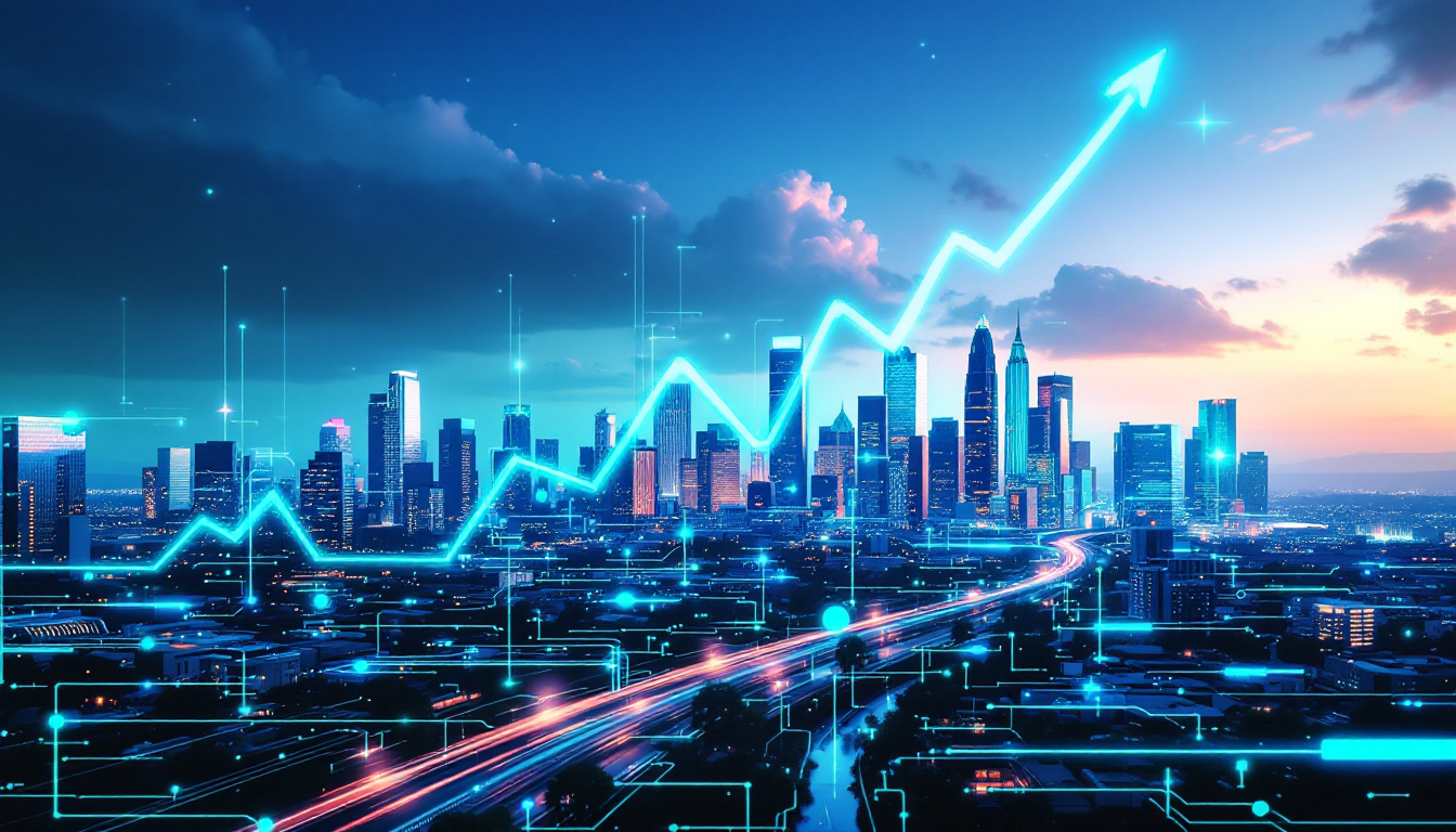 City skyline at dusk with a bright neon upward-trending line, symbolizing growth and technology.