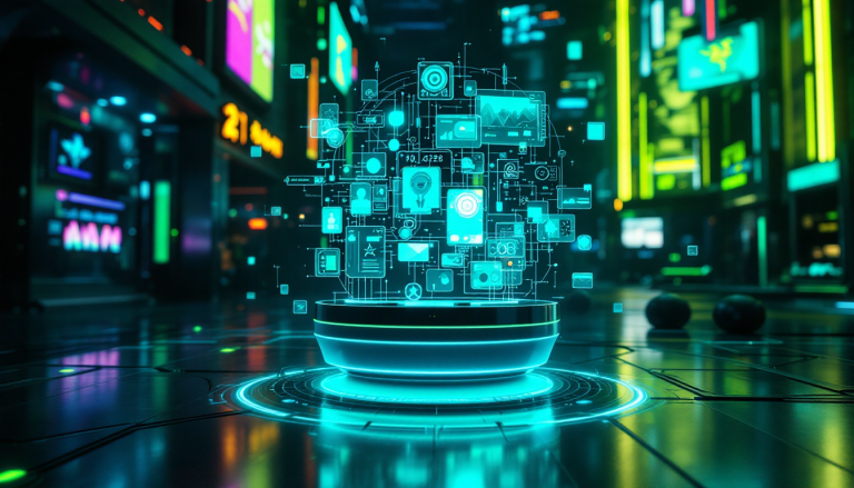 Neon holographic orb with floating app icons hovering above a glowing pedestal in a futuristic city at night.