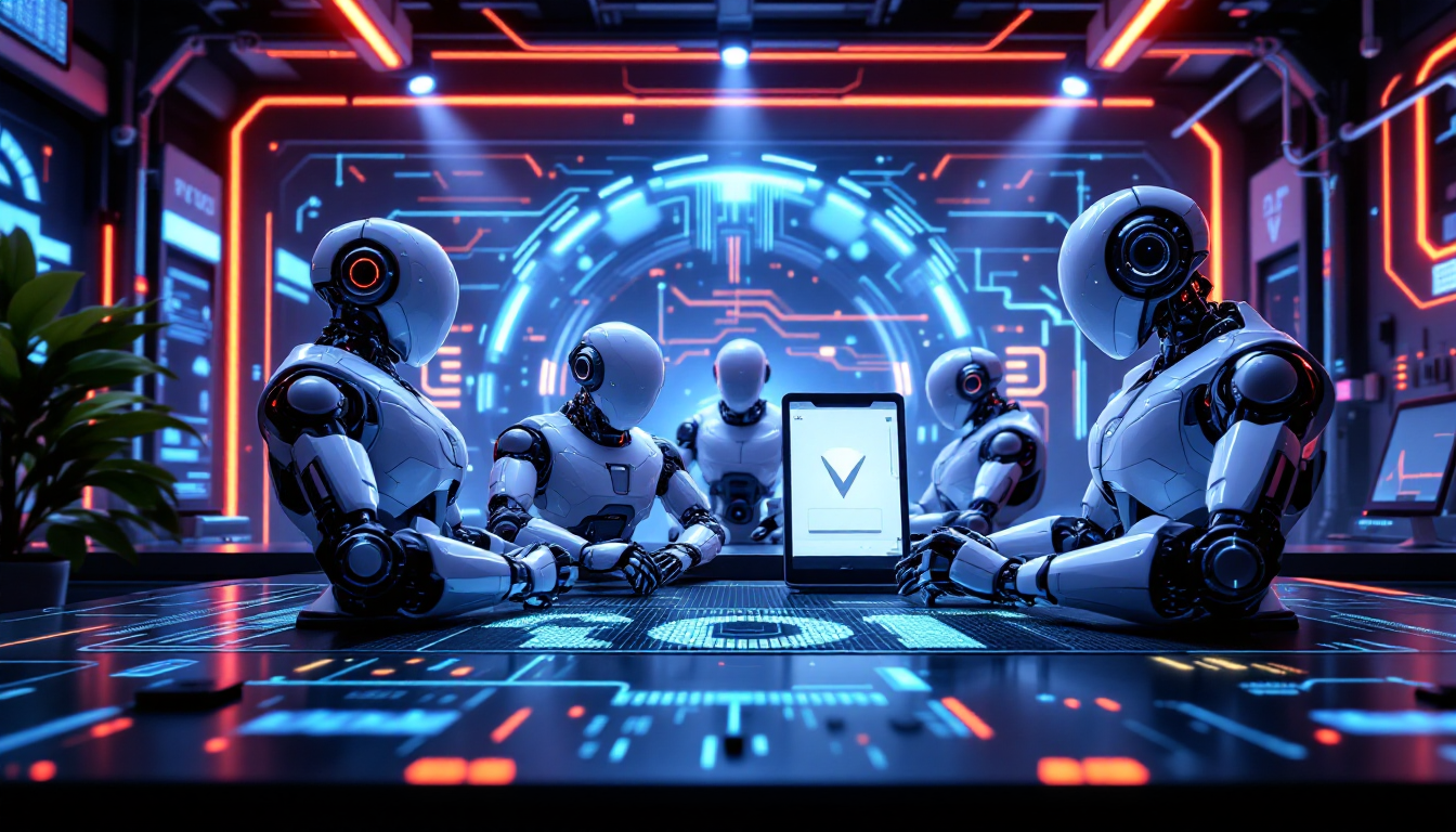Six white humanoid robots sit around a glowing high-tech table, tablet displaying a checkmark in the center.
