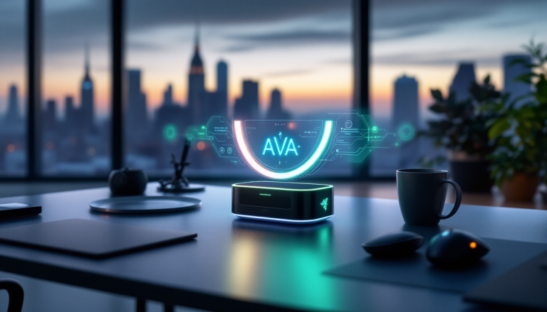 Futuristic holographic AVA interface hovering above a glowing desktop device on a modern office desk at dusk with a city skyline in the background.