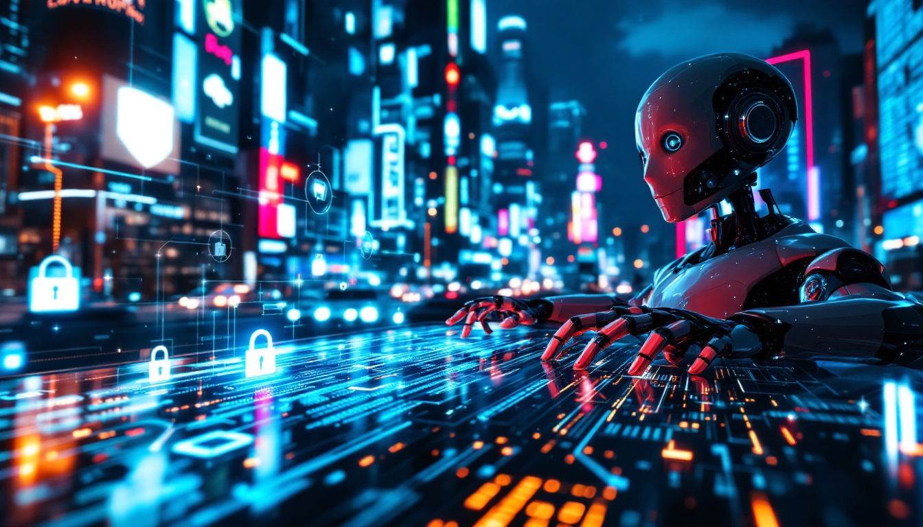 A sleek humanoid robot guards a neon-lit digital cityscape, its hands hovering over a glowing security interface with padlocks and data streams.