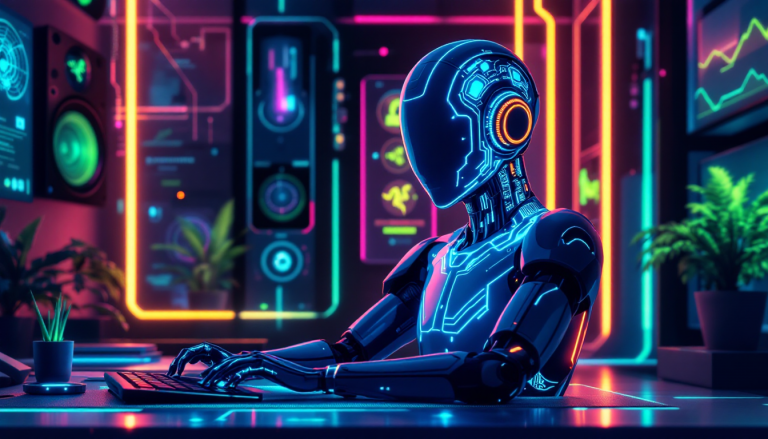 Futuristic blue android typing on a keyboard in a neon cyberpunk-style tech lab.