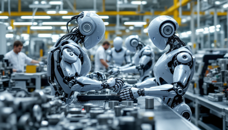 Two silver industrial robots shake hands over a production line in a high-tech factory with workers in the background, conveying collaboration between automation systems.