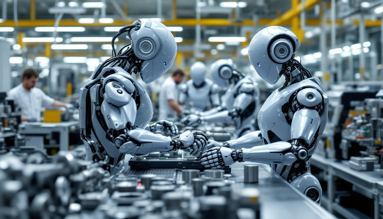 Two silver industrial robots shake hands over a production line in a high-tech factory with workers in the background, conveying collaboration between automation systems.