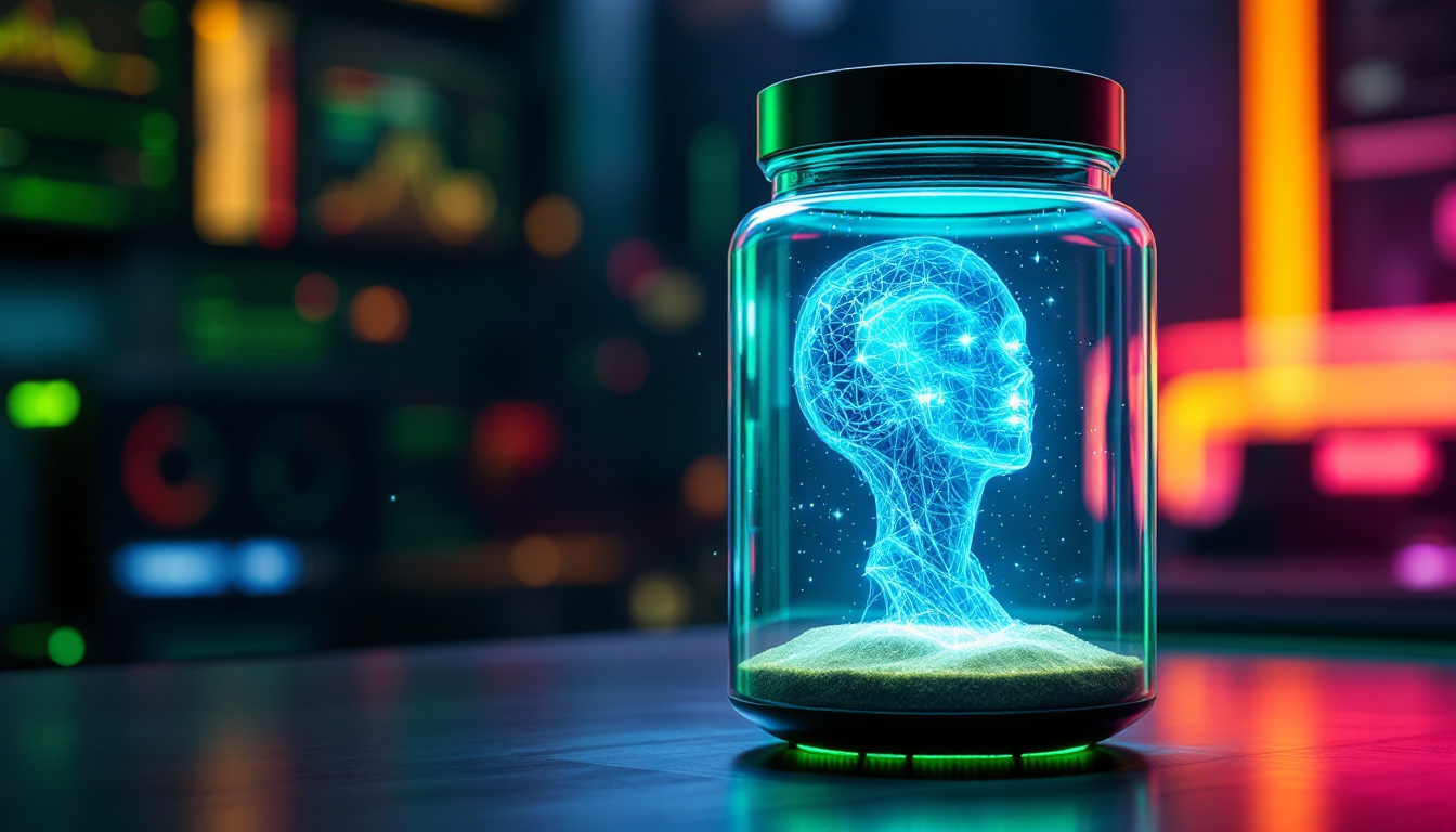 Glowing blue holographic brain inside a glass jar resting on sand, in a neon-lit lab setting