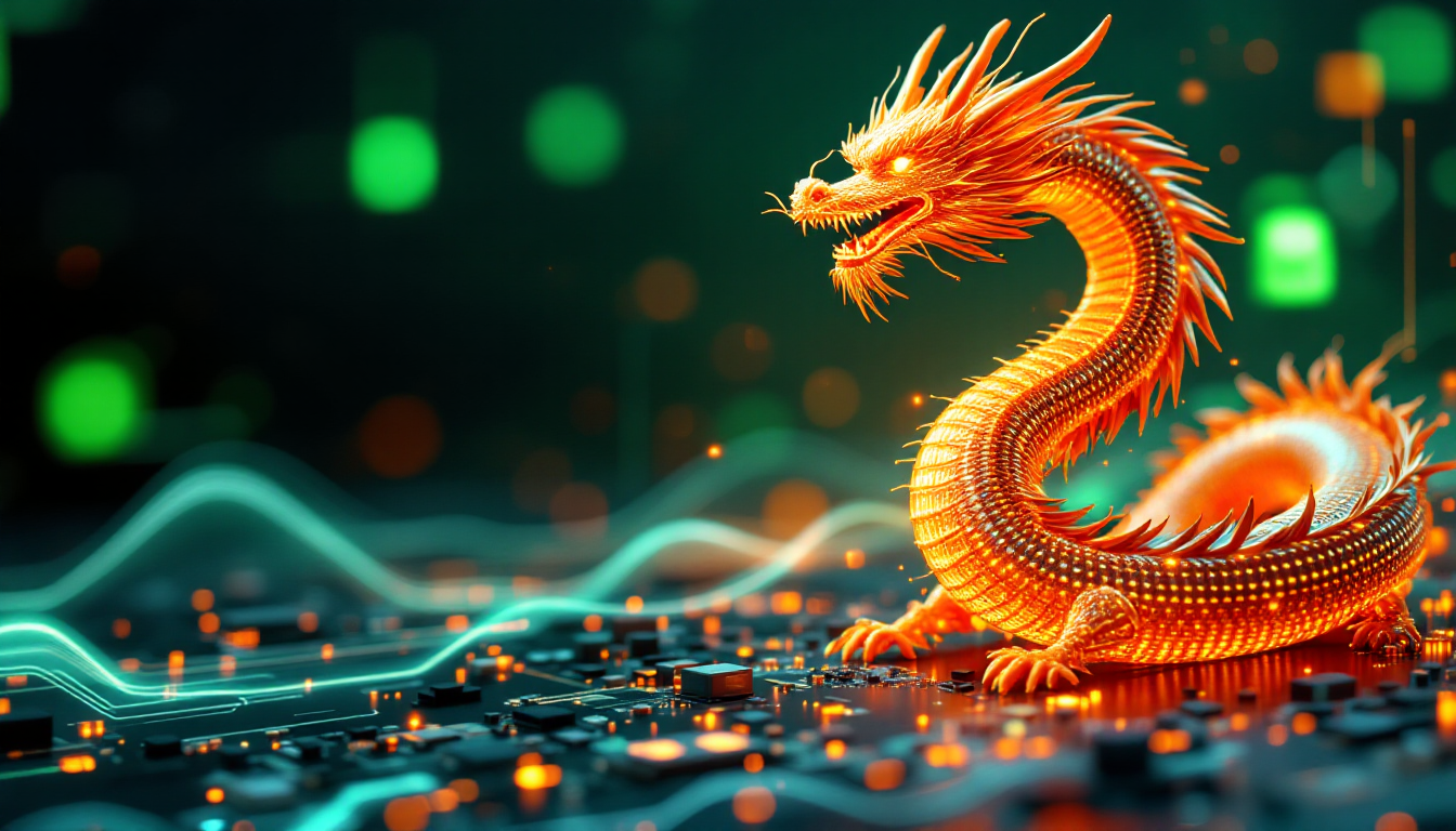 Orange dragon sculpture with glowing scales on a futuristic circuit-board backdrop.