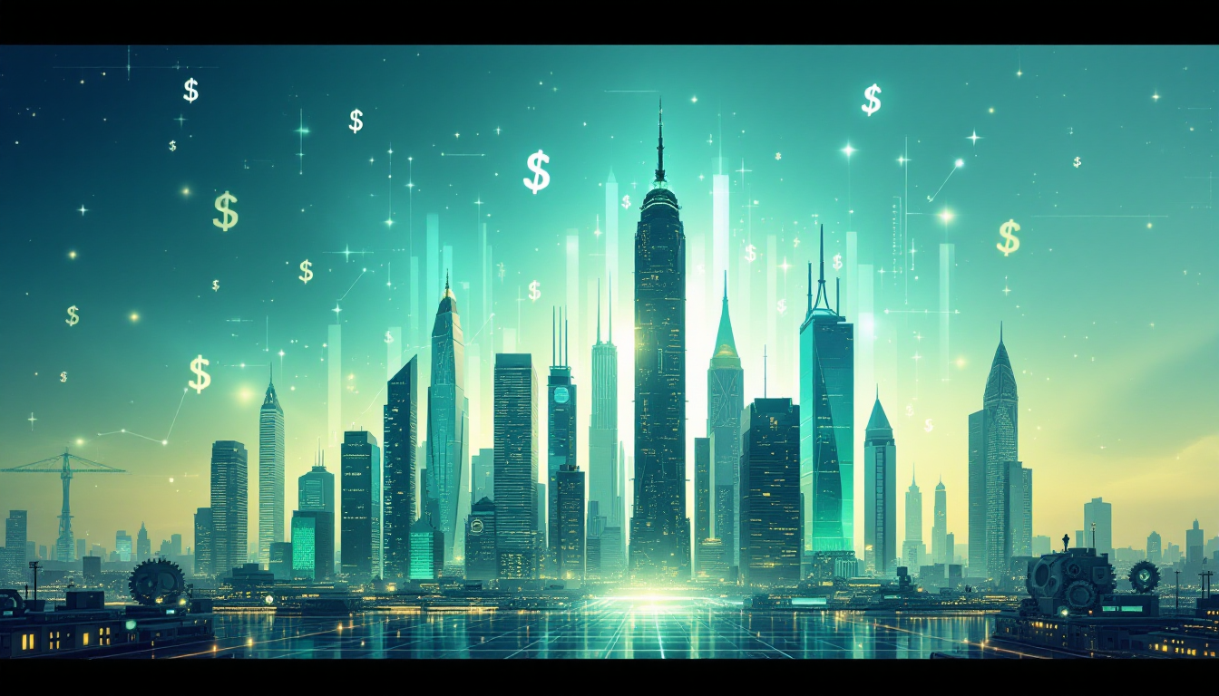 Futuristic city skyline with tall glass buildings and glowing dollar signs floating in the sky, suggesting a digital economy.