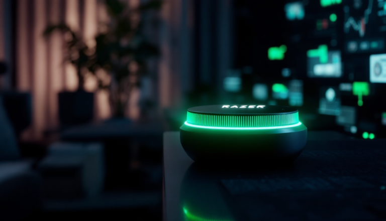 Razer-branded circular LED gaming accessory glowing green on a desk in a dark room.
