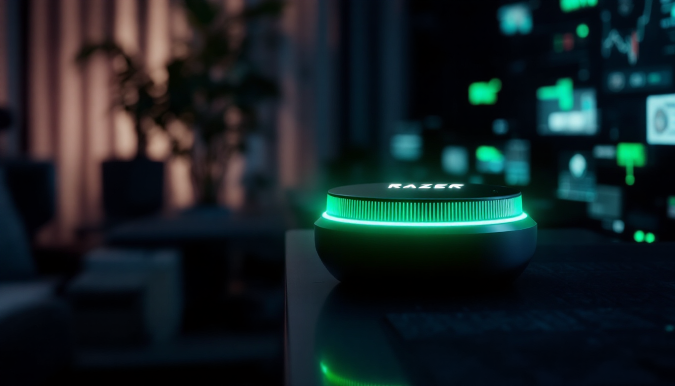 Razer-branded circular LED gaming accessory glowing green on a desk in a dark room.