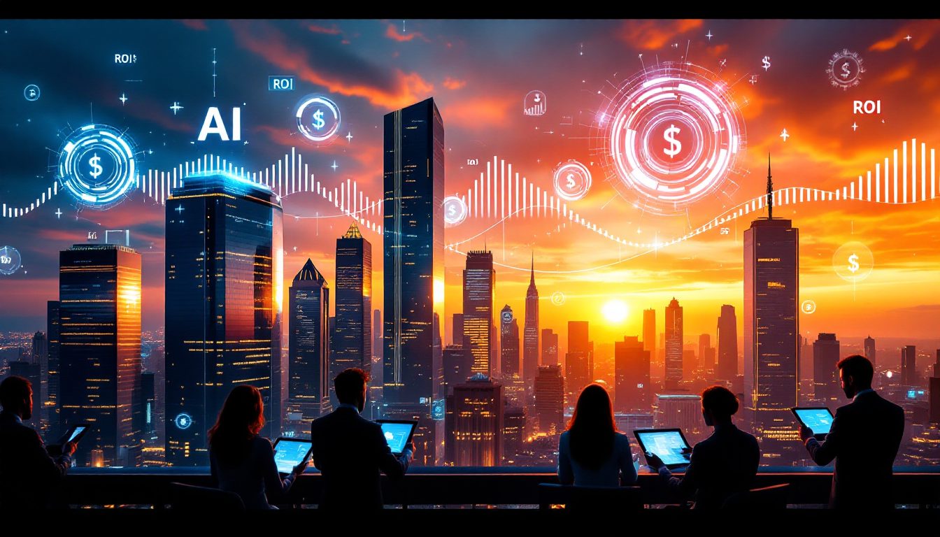 Silhouetted professionals using tablets overlooking a futuristic city skyline at sunset with AI and financial data graphics overlaid in the sky