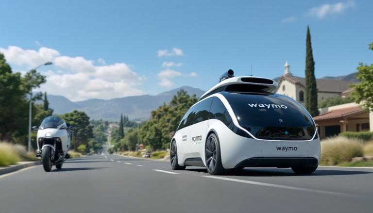 Waymo self-driving car on a sunny suburban street with a motorcycle beside it and mountains in the distance.