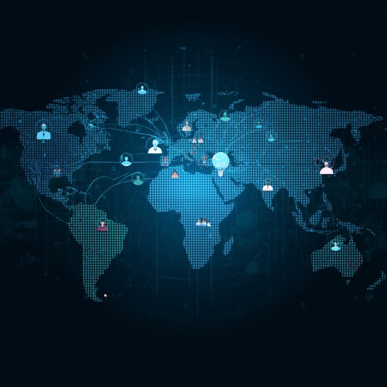 Global network map with interconnected user icons across a blue digital globe.