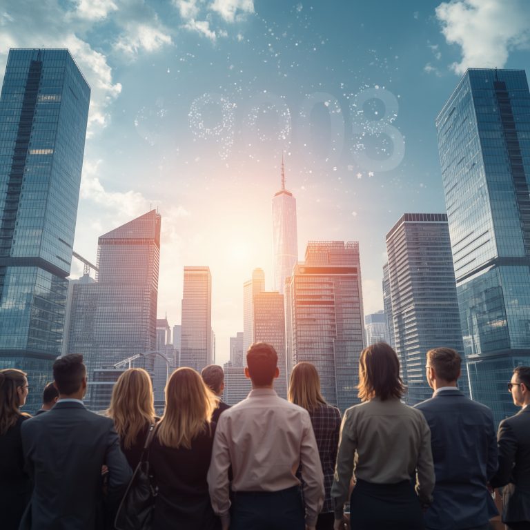 A group of professionals in business attire stand with their backs to the camera, facing a city skyline of glass skyscrapers at sunset, with '2023' faintly visible in the sky.