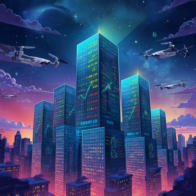 Futuristic city skyline at dusk with neon-tinted stock-ticker skyscrapers and drones flying overhead