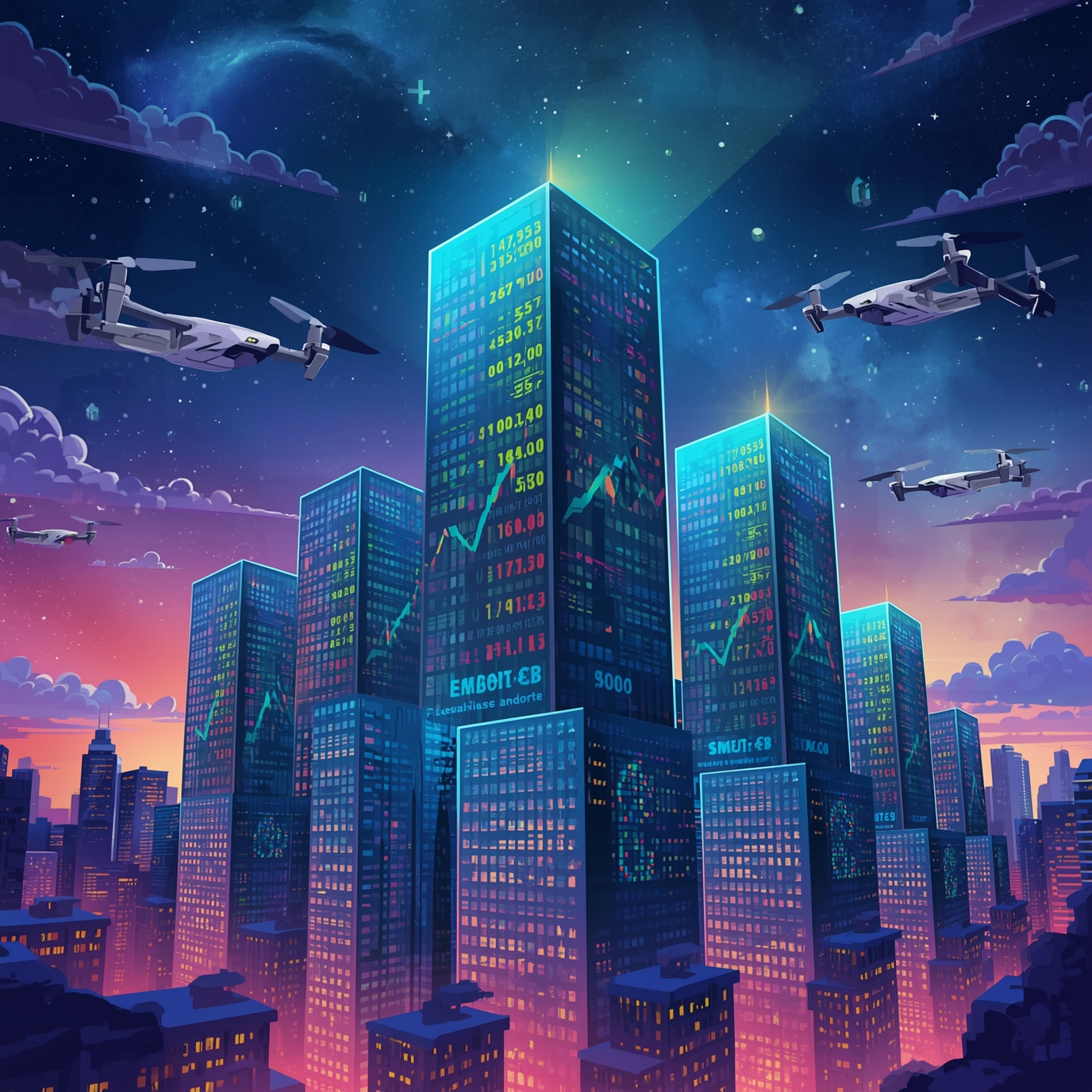 Futuristic city skyline at dusk with neon-tinted stock-ticker skyscrapers and drones flying overhead