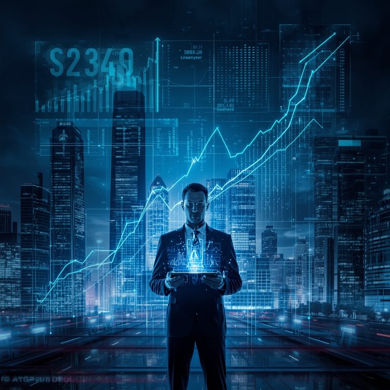 Businessman in a suit holding a tablet with glowing financial graphs over a blue cityscape background, symbolizing data-driven markets