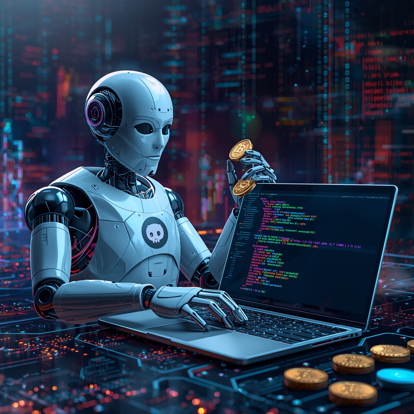 Humanoid robot with a skull emblem mining Bitcoin on a laptop in a neon cyberpunk setting.