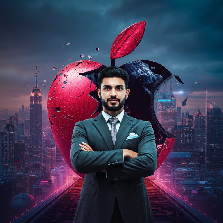 Businessman in a suit with arms crossed, standing before a shattered red heart over a futuristic cityscape.