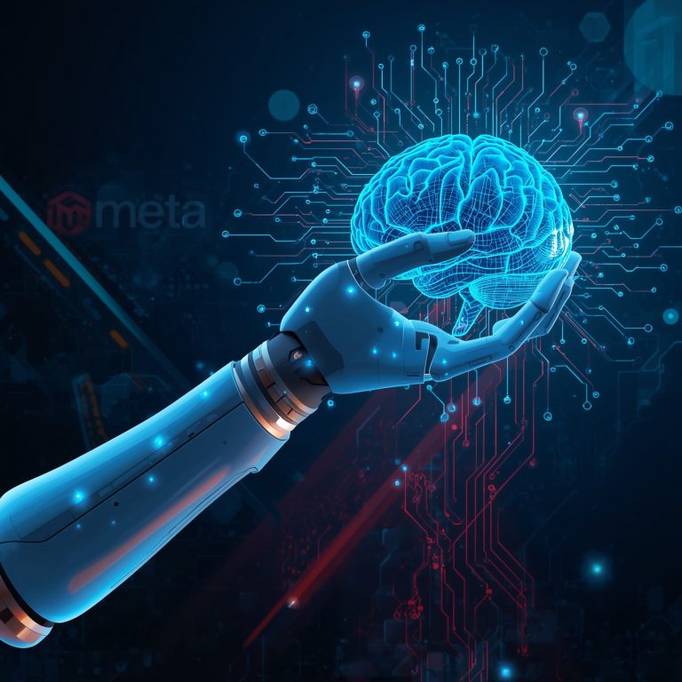 Robotic hand cradling a glowing blue brain connected by circuitry, symbolizing artificial intelligence and neural tech.
