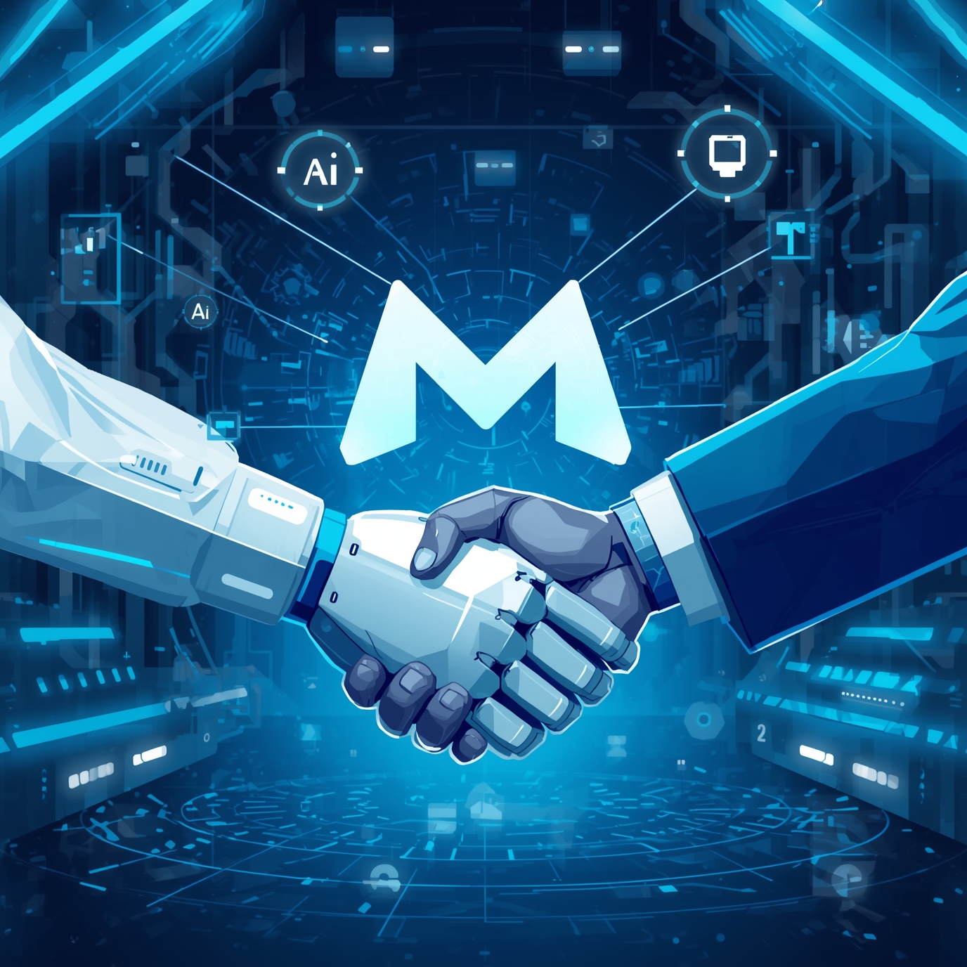 Two robotic arms and a human-like arm shake hands in a futuristic blue tech background, symbolizing human–AI collaboration.
