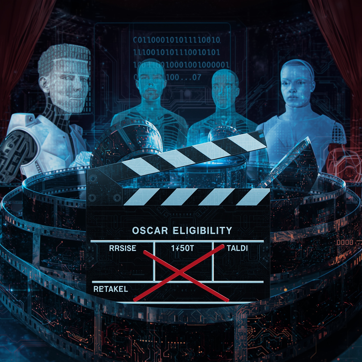 Futuristic scene with robotic figures around a film reel and a clapperboard labeled 'OSCAR ELIGIBILITY'.