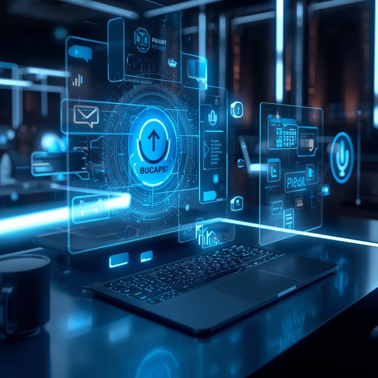 Futuristic blue holographic dashboard floating above a laptop, featuring a glowing circular upload icon and data panels.