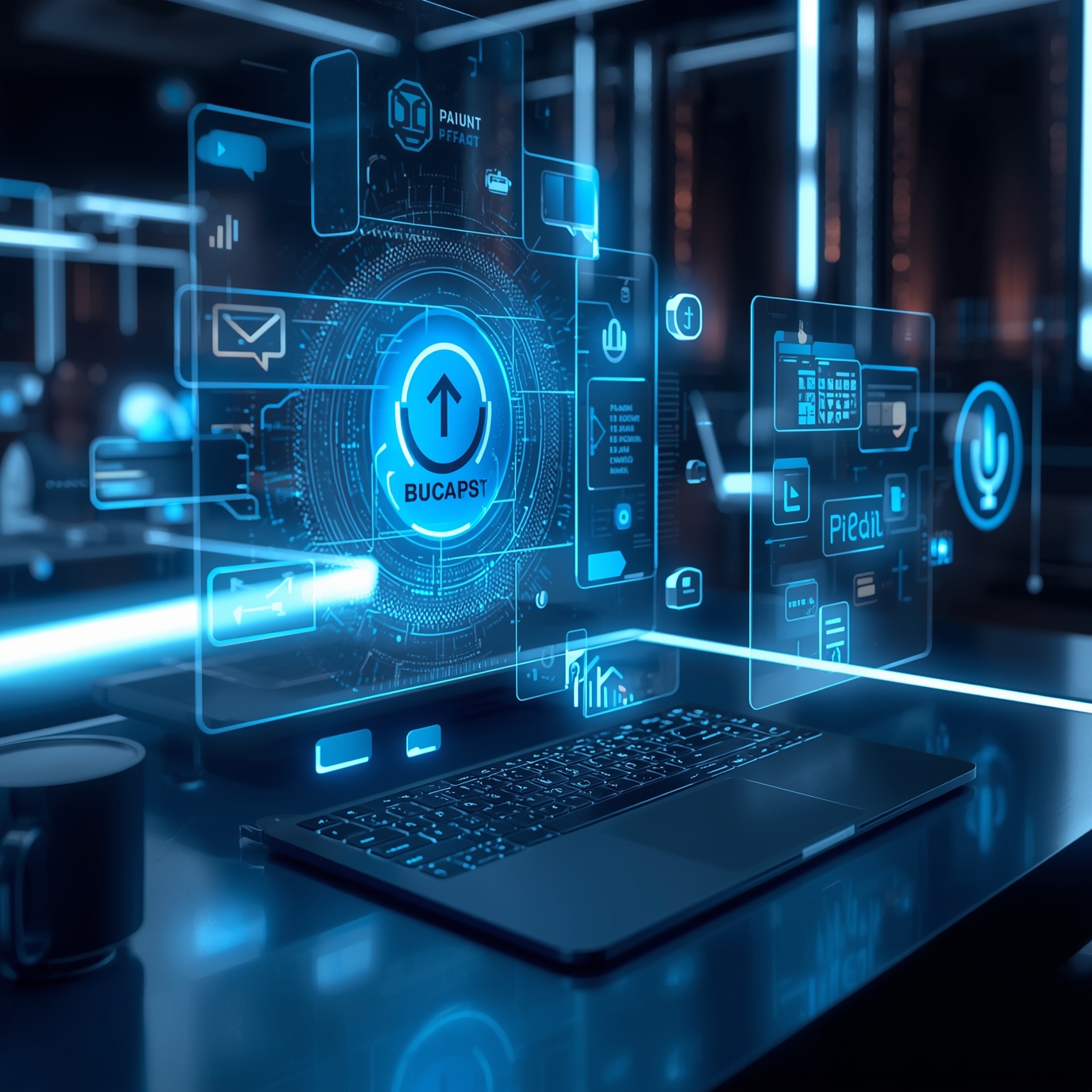 Futuristic blue holographic dashboard floating above a laptop, featuring a glowing circular upload icon and data panels.