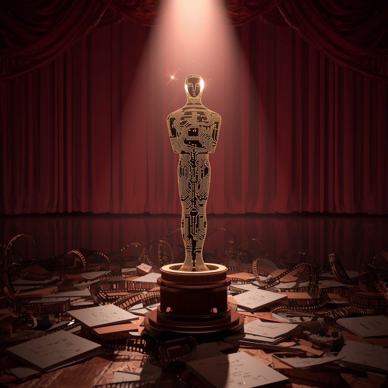 Golden humanoid award statue with a circuitry pattern, spotlight on a theater stage, surrounded by film reels and scattered papers on the floor.