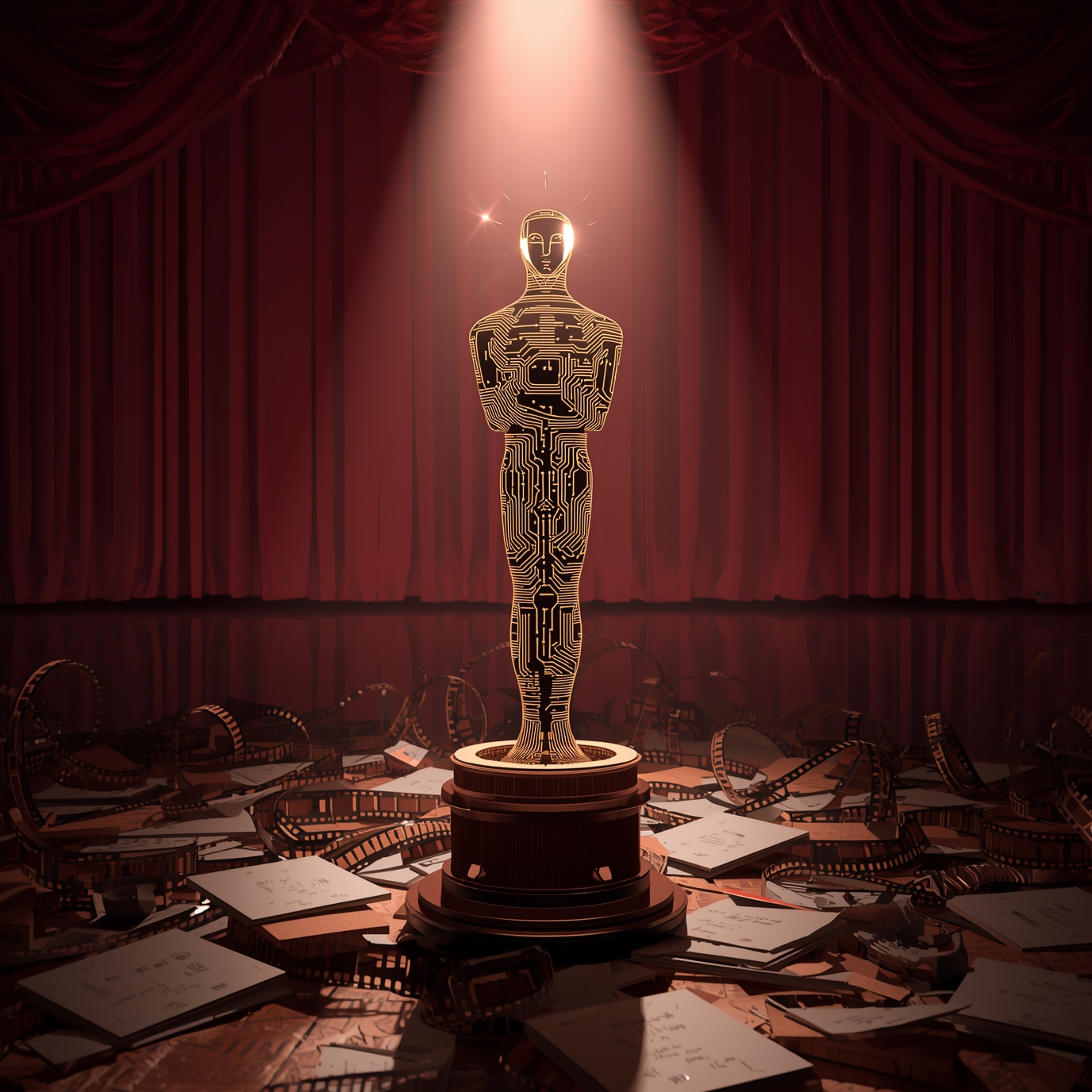 Golden humanoid award statue with a circuitry pattern, spotlight on a theater stage, surrounded by film reels and scattered papers on the floor.