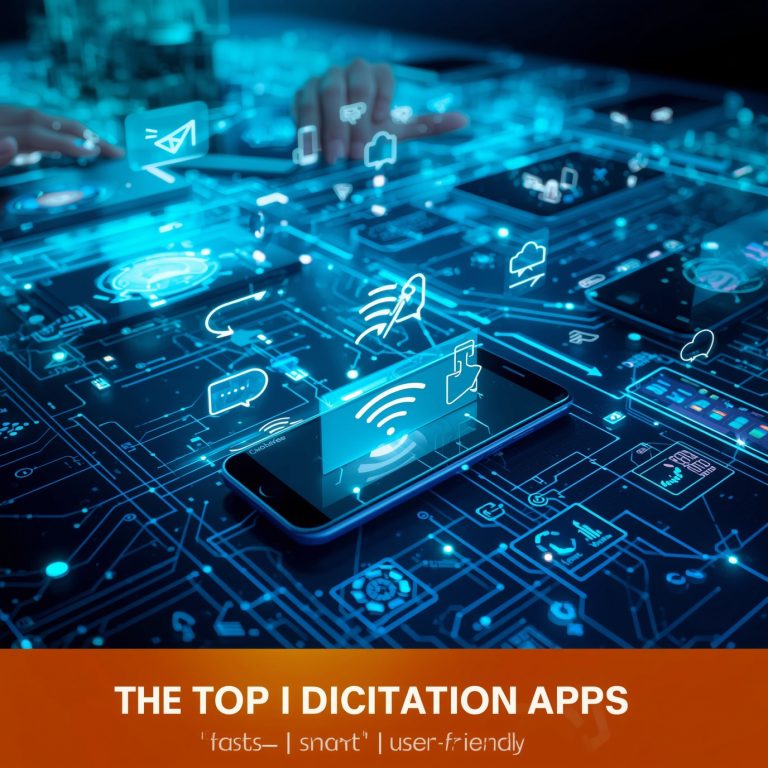 Blue neon tech background with a smartphone and floating app icons representing connectivity, cloud, and messaging.
