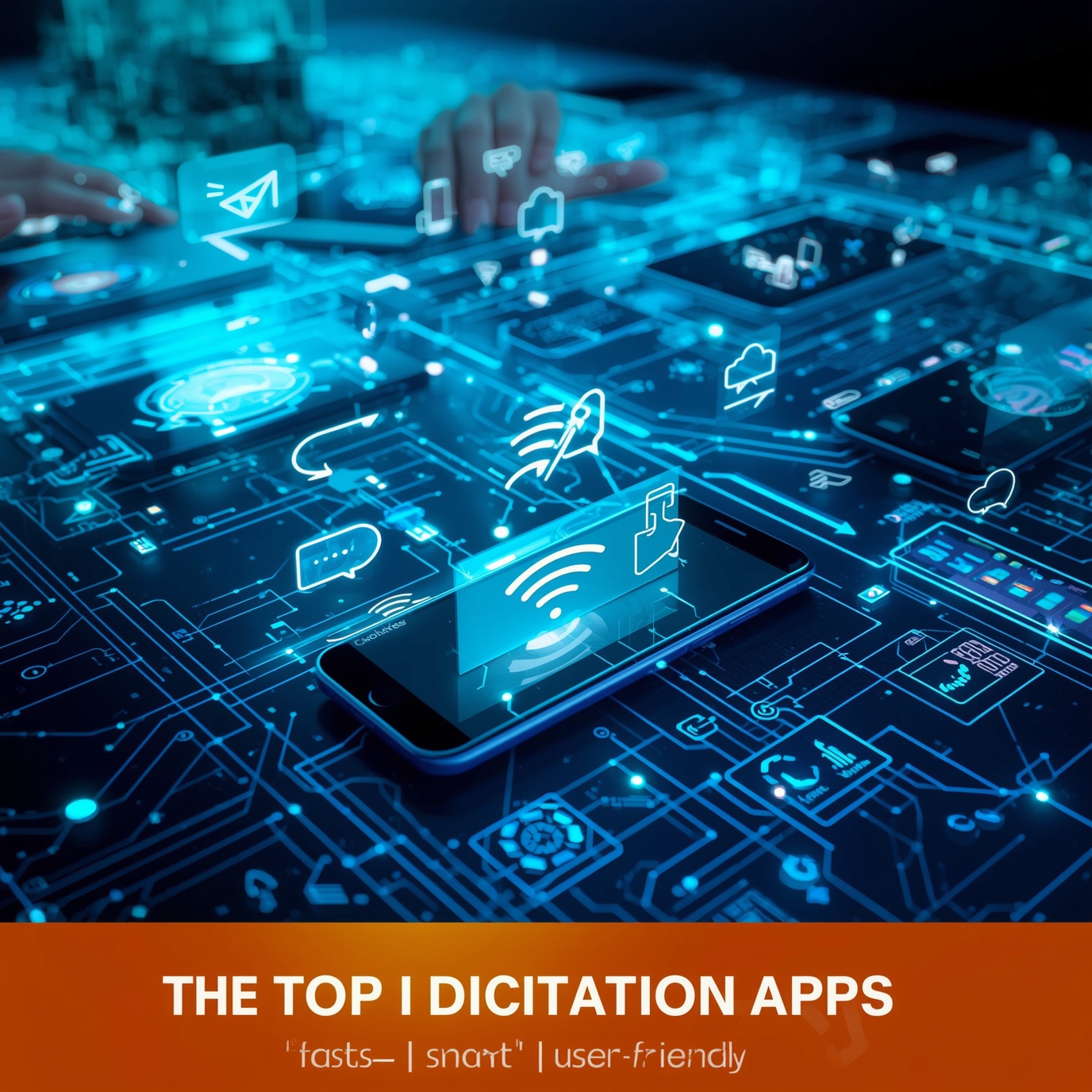 Blue neon tech background with a smartphone and floating app icons representing connectivity, cloud, and messaging.