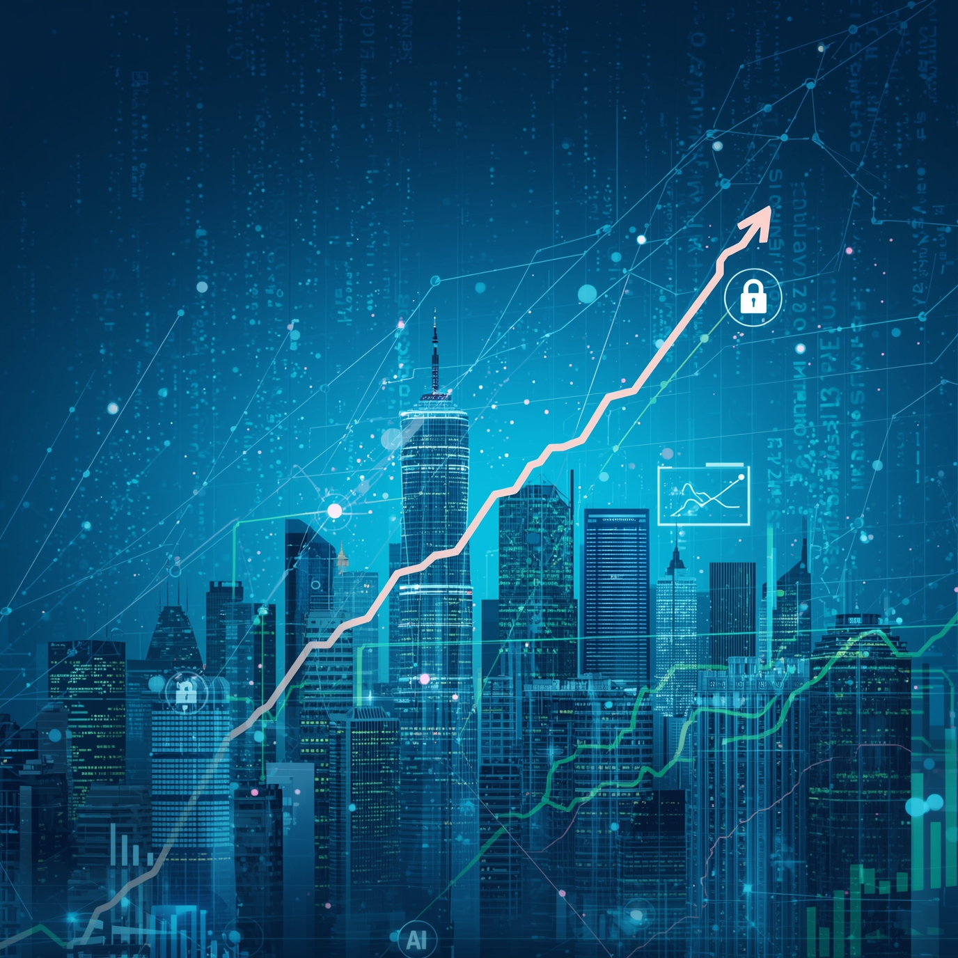 Blue city skyline overlaid with data lines and a rising arrow, symbolizing secure growth and analytics.