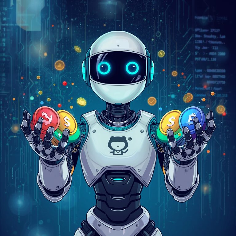 Friendly robot with glowing blue eyes holding colorful cryptocurrency coins in each hand against a techy blue circuit-background.