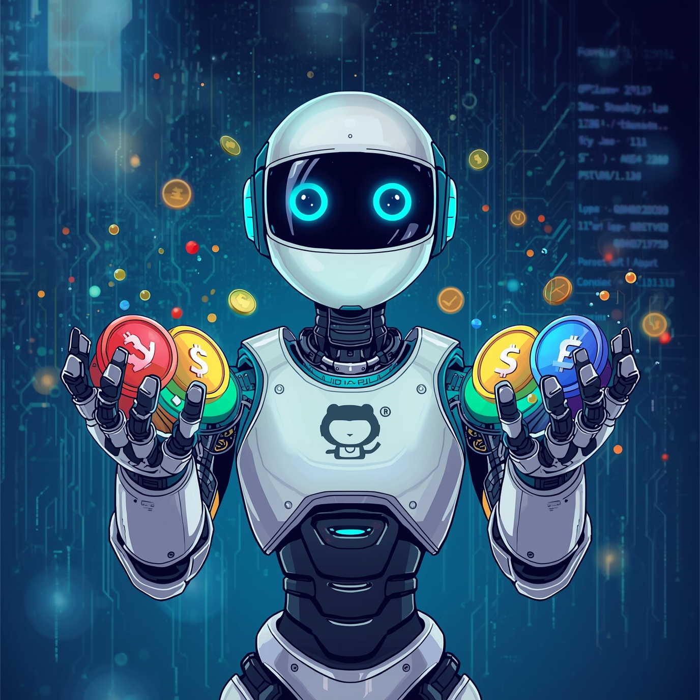 Friendly robot with glowing blue eyes holding colorful cryptocurrency coins in each hand against a techy blue circuit-background.