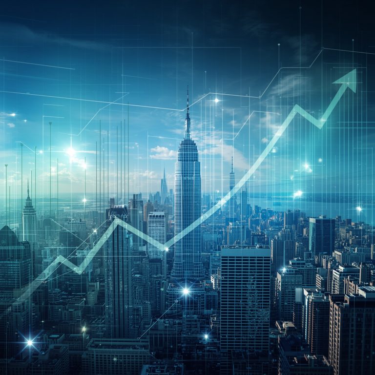 City skyline with a rising green arrow graph overlaid, symbolizing urban growth and financial gains in a data-driven economy.