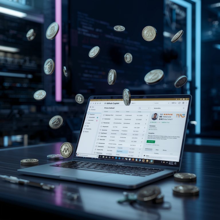 Laptop on a desk displaying a crypto trading dashboard with coins floating above the keyboard in a high-tech server-room setting.