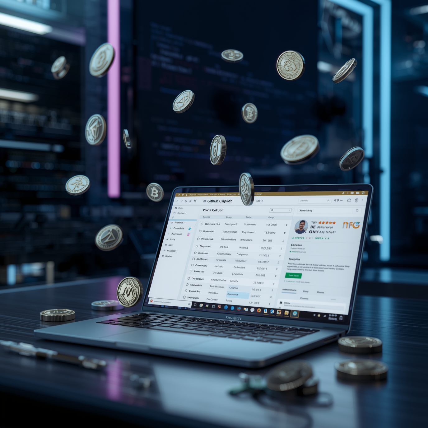 Laptop on a desk displaying a crypto trading dashboard with coins floating above the keyboard in a high-tech server-room setting.