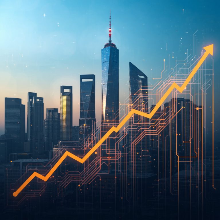 City skyline with a bold orange upward-trending line and circuit patterns, symbolizing growth in tech or finance over a blue skyline at dusk.