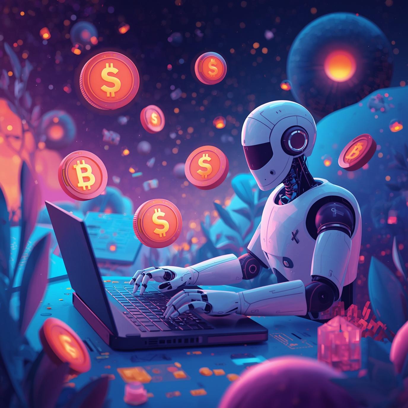 Robot in a sci‑fi setting typing on a laptop with glowing cryptocurrency coins floating around.