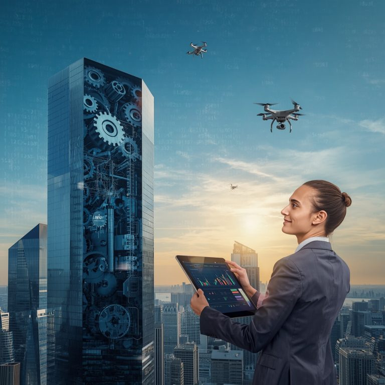 Businesswoman with a tablet gazes toward a tall glass tower showing internal gears and drones in the sky, city below.