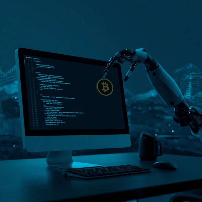Robotic arm holds a Bitcoin coin in front of a monitor showing code on a dark blue background.