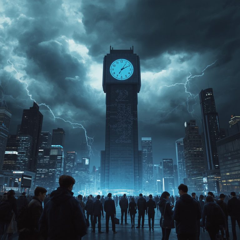 Crowd of people in a neon-lit city square looking up at a tall clock tower amid a storm with lightning bolts.