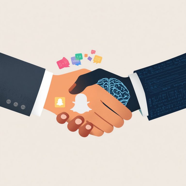 Two people shake hands in business attire; one sleeve shows a brain, the other code motifs, with social icons above them, signaling tech collaboration.