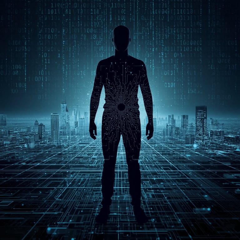 Silhouette of a person with circuitry patterns on their body, standing over a glowing digital grid with a city skyline in the background.