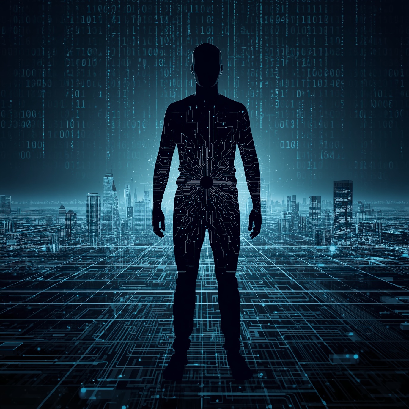 Silhouette of a person with circuitry patterns on their body, standing over a glowing digital grid with a city skyline in the background.