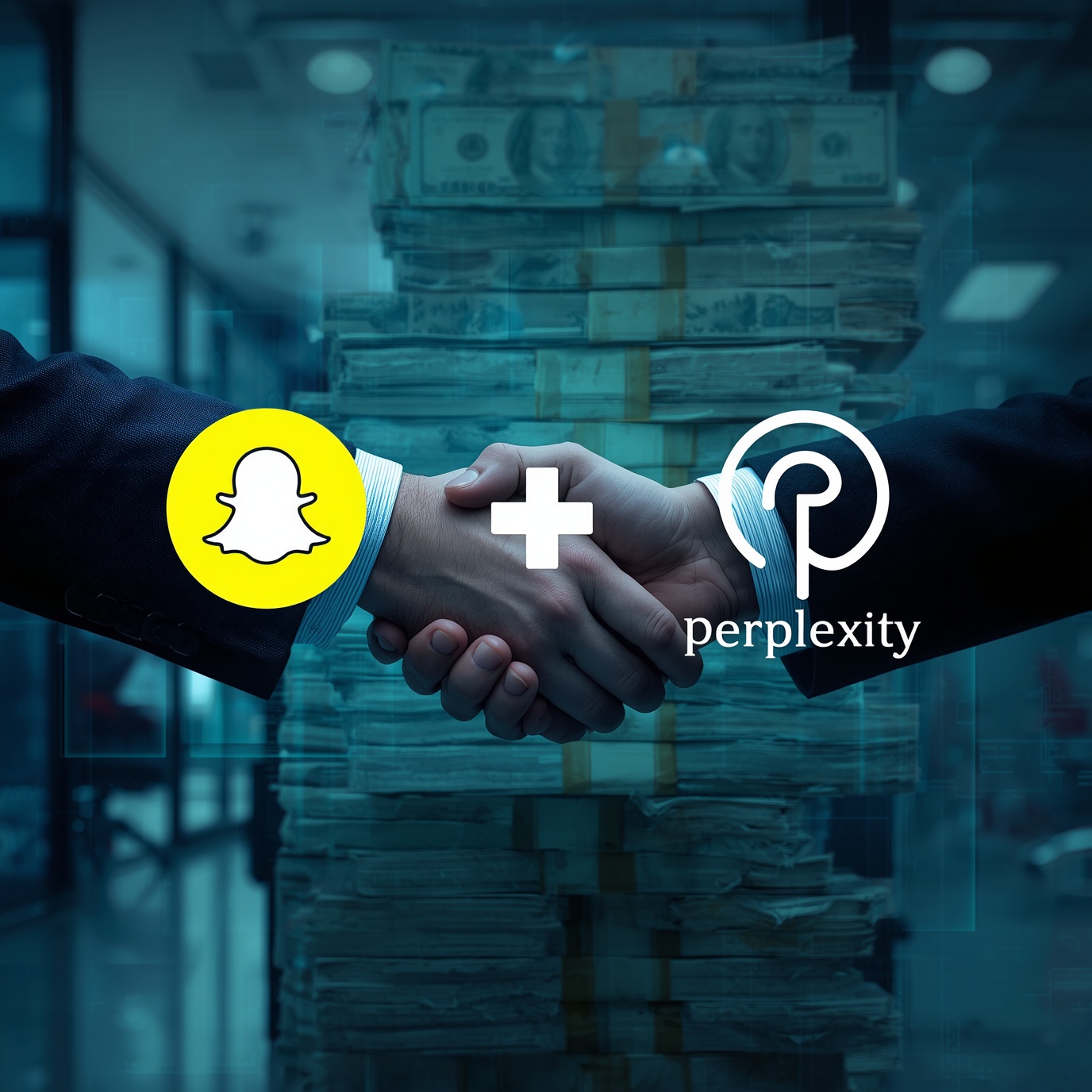 Two professionals shake hands in front of stacked money, with Snapchat and Perplexity logos overlaid to symbolize a business partnership and financial deal.
