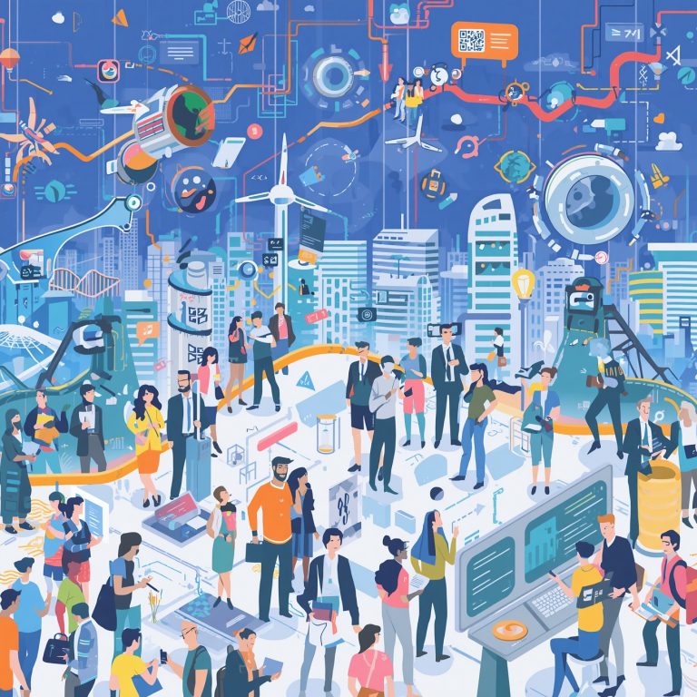 Bustling futuristic city scene with professionals, drones, wind turbines, and interconnected tech infrastructure.