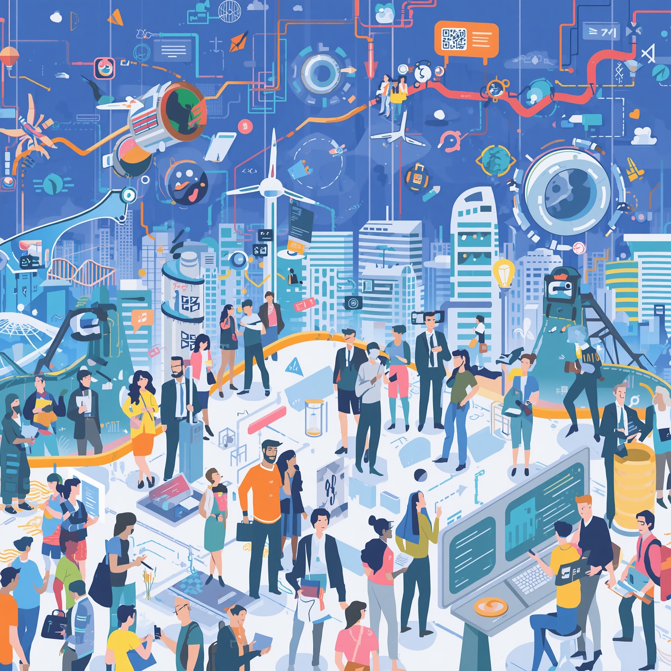 Bustling futuristic city scene with professionals, drones, wind turbines, and interconnected tech infrastructure.