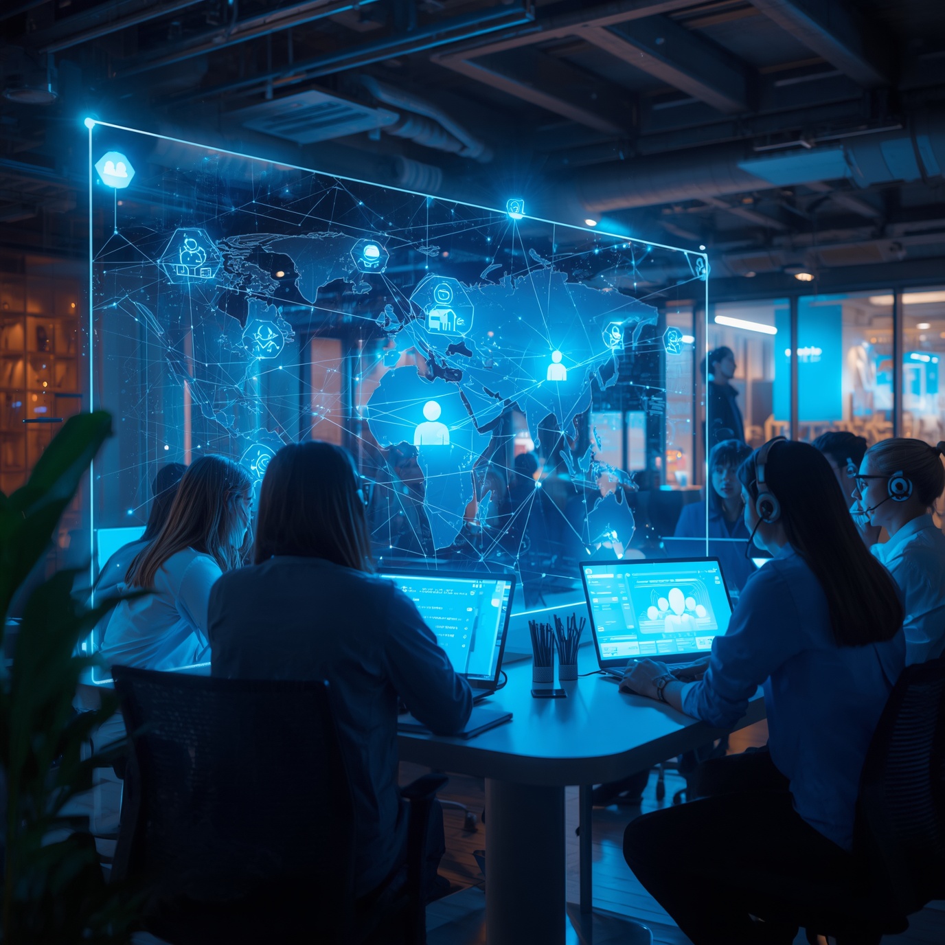 Team of people with laptops around a table, a blue holographic world map projection glows over a glass wall behind them.