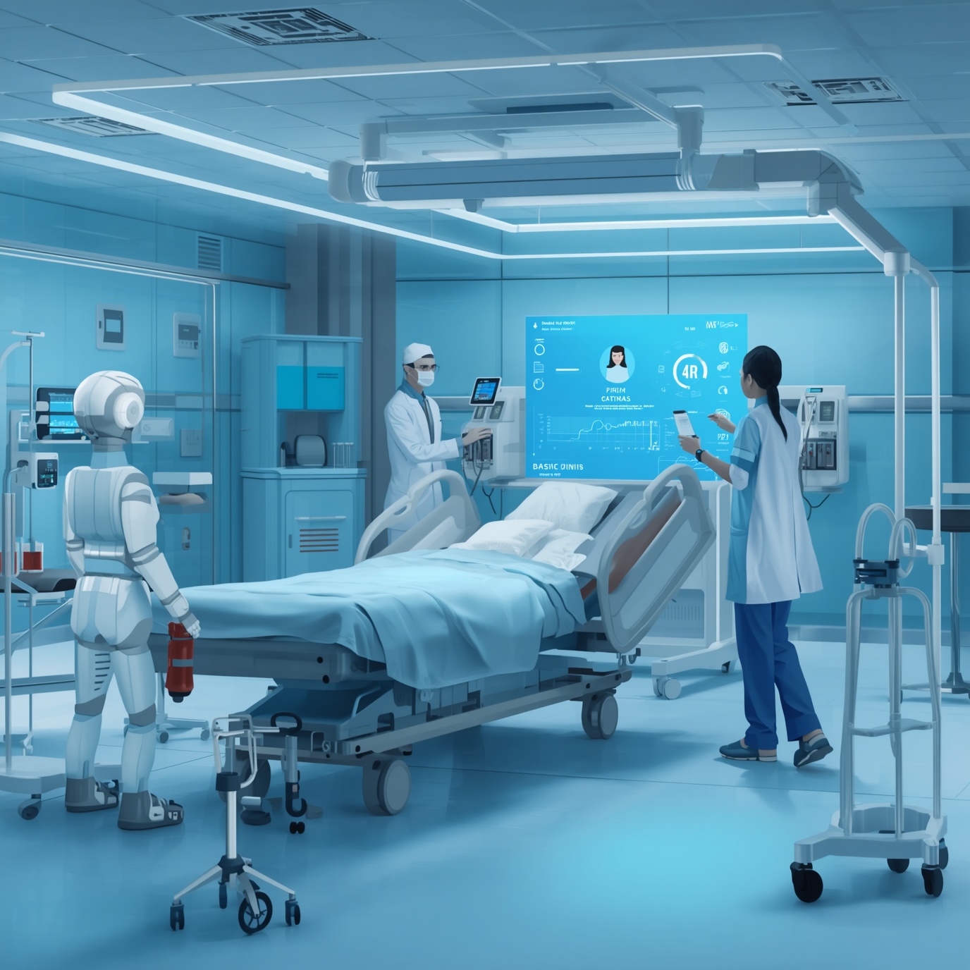 Futuristic hospital room with a patient bed, a humanoid robot, and medical staff reviewing data on a large blue touchscreen display.
